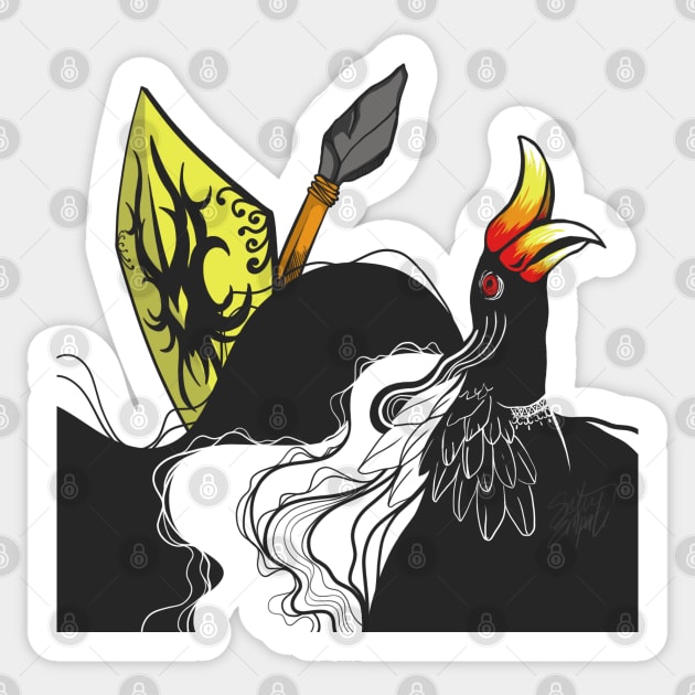 mythical bird with orange beak and old spear Sticker by satu_empat